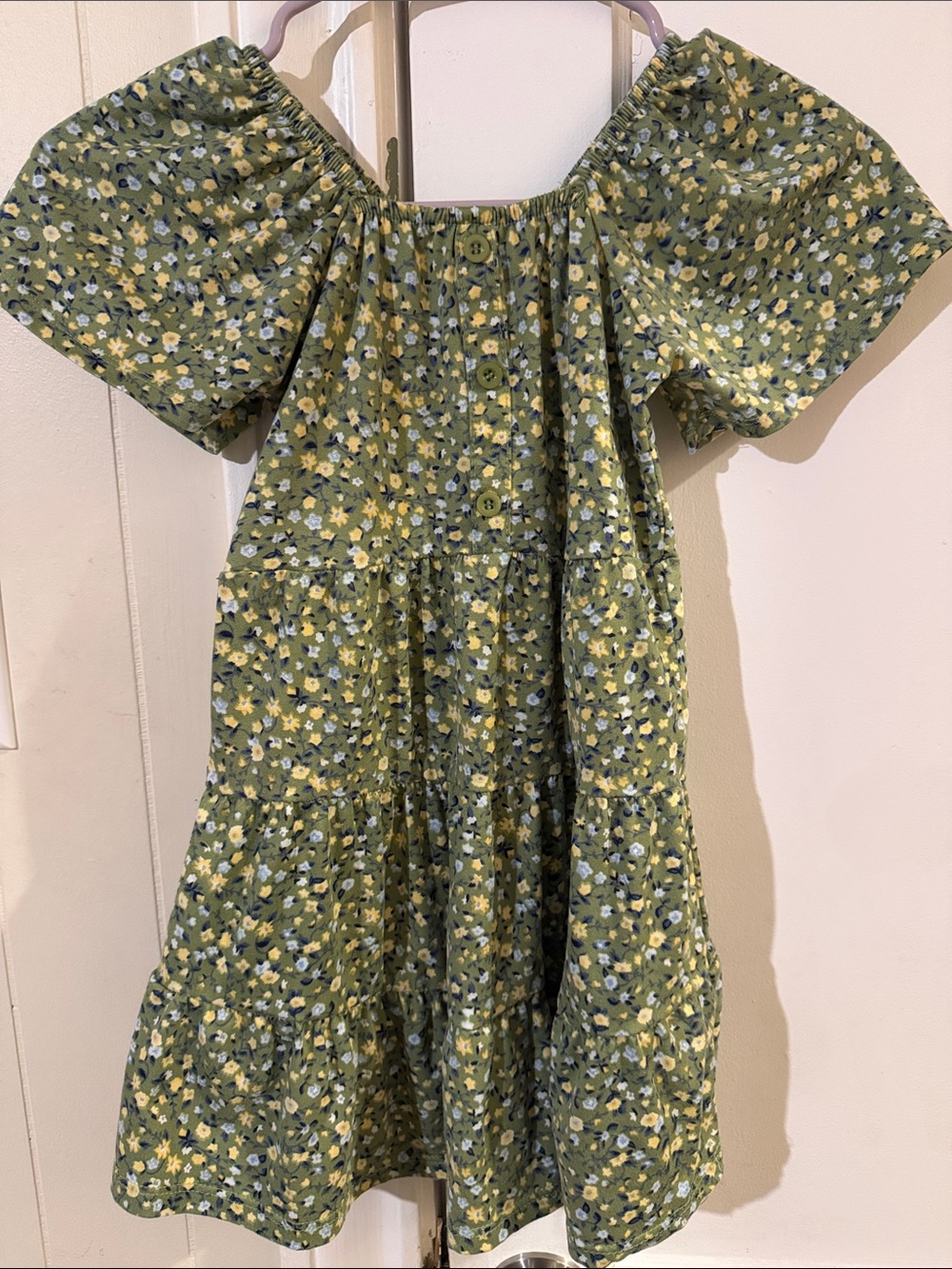 Girls Olive Green Floral Tiered Dress